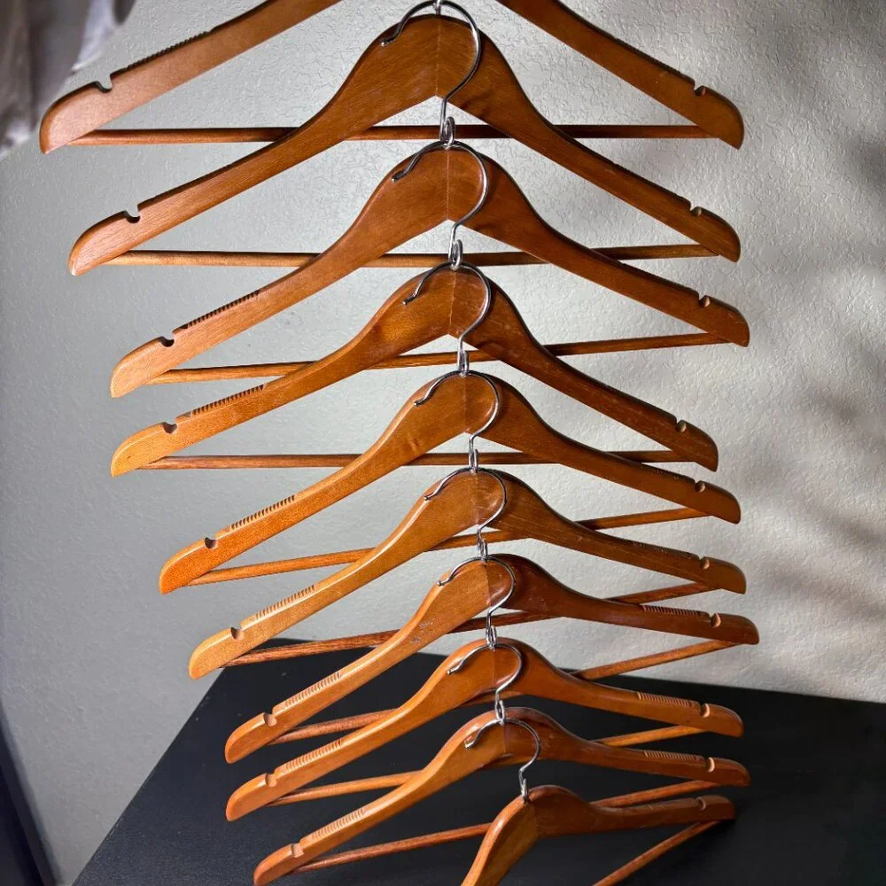 10 Wooden Hangers & 1 Wooden Belt Hanger